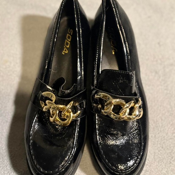Black and gold patent leather‎ loafers #glamour size 10 - Picture 2 of 3